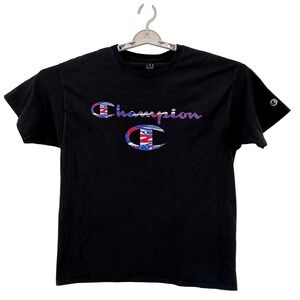 Champion T-Shirt Mens L Black Script Logo Graphic Short Sleeve Crew Neck Tee
